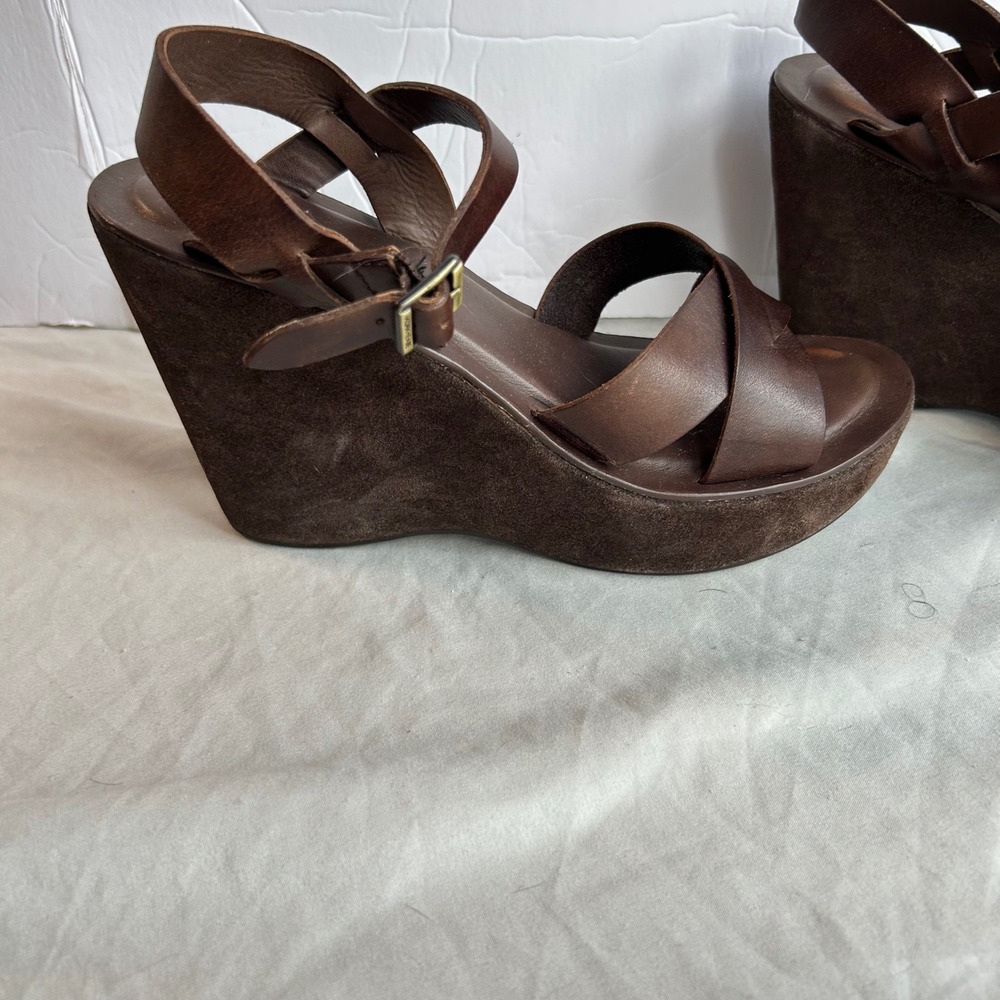 Kork-Ease Brown Leather Platform Wedge Sandals Suede Wrap Boho Retro Womens 8 - Picture 3 of 16